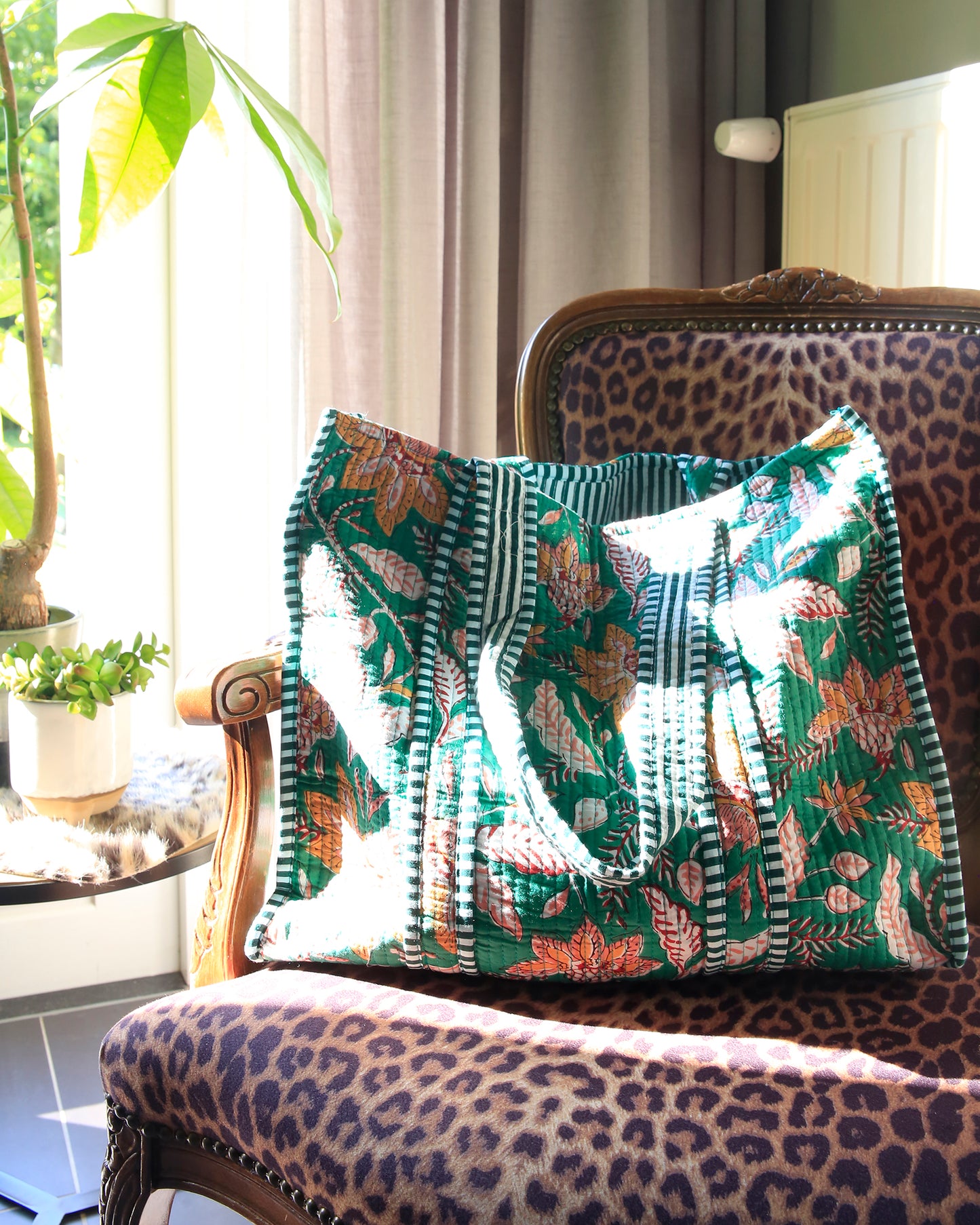 Quilted shopper - Groen met bloemen
