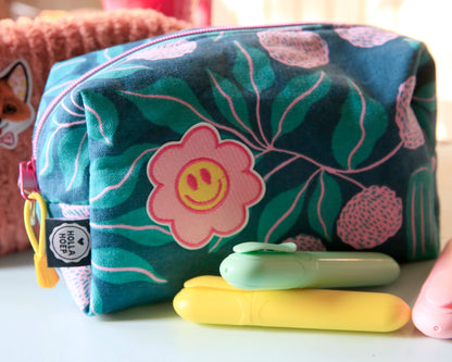 Toilettas/Etui - Canvas bloemen petrol roze