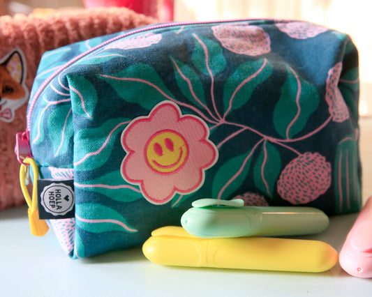 Toilettas/Etui - Canvas bloemen petrol roze