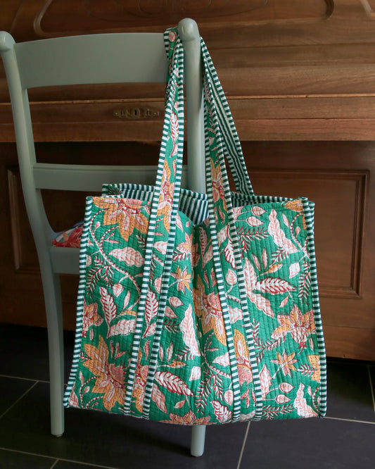 Quilted shopper - Groen met bloemen